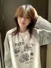 Camiseta de Manga Larga Raglán a Rayas con Bloques de Color y Estampado de Gatito de Dibujos Animados de Moda para Mujer, Top Holgado para Primavera y Otoño