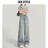 Jeans Wide Leg Desfiado de Cor Clara para Mulheres Verão 2025 Novo Design Calças Retas Soltas de Cintura Alta Lavadas