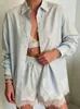 Conjunto Duas Peças Verão Casual Europeu e Americano Transfronteiriço Feminino Cardigan Listrado de Manga Longa Camisa Shorts com Renda