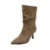 Botines de cuero de grano completo~ estilo mamá atrevido para mujer, nueva colección 2026, botas delgadas de tacón alto y punta fina, botas adelgazantes de media pantorrilla otoño/invierno
