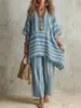 Comercio Exterior Transfronterizo Europeo y Americano Ropa de Mujer Amazon Moderna Elegante Cuello en V Holgado Rayas Casual Conjunto de Dos Piezas