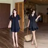 Verano Nuevo Talla Grande Mujer Negro Elegante Diseño de Nicho Moderno Manga Corta Suelto Adelgazante Pantalones Cortos Falda Conjunto Delgado