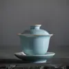 Cerámica Esmaltada Celadón de las Dinastías Tang y Song, Juego de Tres Piezas con Tapa, Juego de Té en Color Azul Cielo, Tazón Grande para Té Ceremonial