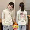 Roupa Íntima Base Pelúcia Escovada para Meninas Outono Inverno Novo Estilo Infantil Gola Meia-Alta Casual Roupa de Baixo Top com Gola de Babado para Menina