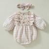 Roupas de bebê para primavera e outono, vestidos tubinho de manga longa para meninas, macacão de algodão puro estilo ocidental, macacão de exterior, macacão xadrez para bebê