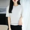 2026 Verão Novo Tricô de Algodão Tencel Gola Redonda Manga Curta Bloco de Cores Solto Pulôver Camiseta Top