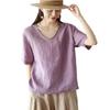 Novos Tops Retrô de Algodão e Linho para Mulheres, Pulôveres Casuais de Manga Curta com Decote V, Ajustados e Soltos, Camisetas Lisas Casuais e Camisas de Linho para o Verão