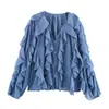 Camisa marca Z, estilo europeo y americano, artículo de moda popular, ropa de mujer transfronteriza de AliExpress, cuello en V, de un solo botón, manga larga, con capas, azul cielo, ZA