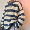 Suéter listrado estilo americano retrô, masculino, marca da moda, estilo japonês, descontraído, moderno, solto, simples, para combinar, suéter de casal com gola redonda