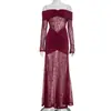 Comercio Exterior Moda Femenina Europea y Americana Elegante Encaje Patchwork Hombros Descubiertos Abertura Manga Larga Fruncido Vestido Largo