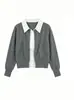 Outono/Inverno Novo Toque de Luxo Camisa Falsa de Duas Peças Patchwork Gola Polo Suéter Feminino Manga Longa Francesa Tricô Color Block Cardigan