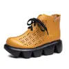 [Suela Gruesa Ultraligera] Piel de Vaca de Primera Capa Verano Perforadas de Suela Gruesa con Cordones Botas de Piel Genuina Zapatos de Mujer Botas Botines