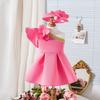Vestido de verão para meninas europeias e americanas da Amazon, ombro cruzado, manga voadora, adesivo de flores, saia evasê