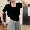 Umi T-shirt de Tricô Fino Manga Curta Gola U Estilo Coreano Feminina Solta Verão Novo Simples Listras Caneladas Pequeno Top