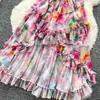 Vestido camisola sexy con estampado degradado estilo vacacional para mujer, con parte delantera corta y trasera larga, volantes plisados, vestido largo estilo dopamina