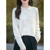Nuevo Suéter de Ganchillo Tejido a Mano para Mujer Otoño/Invierno con Cuello POLO, Bolsillos Huecos y Diseño Elegante