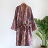 Gasa de Algodón Pijama Rojo Bata de Baño Jacquard Vintage Kimono Japonés Delgado para Mujer Camisón Ropa de Casa Sudadera