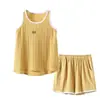 Pijama Personalizado de Algodón Puro para Mujer Verano Chaleco Delgado de Algodón Cuello Redondo Holgado Casual Conjunto para Estar en Casa
