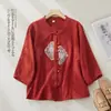 Camisa Feminina Bordada Verão Novidades Roupas de Verão Jacquard Algodão Linho Estilo Chinês Retro Botões de Sapo Gola Alta Manga Três Quartos Top