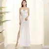 Vestido Sexy, Roupa de Trabalho para Boate, Justo ao Corpo, Que Marca o Quadril, Elegante Vestido Longo de Festa Sem Alças com Fenda Alta