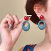 Brincos Redondos Retro Vermelho e Azul Estilo Hong Kong para Mulheres Rosto Redondo Únicos Lindo Brinco de Luxo Leve Estilo Outono Inverno Férias Novo Produto