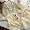Pijama de Encaje de Concha de Alto Gama a Cuadros Amarillos para Mujer Verano Manga Corta con Pantalones Cortos Conjunto Ropa para Dormitorio Estudiantil y Hogar