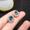 Pendientes de Plata S925 con Topacio Azul de Londres Natural Anillo de Gema de Lujo Transfronterizo Europeo y Americano Femenino en Vivo
