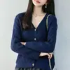 Cardigã de malha 100% algodão com design vazado para mulheres, blusa de tricô com decote V, respirável, estilosa, peça de sobreposição versátil