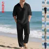 Ropa de casa casual de estilo americano para hombre, de lino, holgada, para primavera y otoño, con diseño de cuello en V, manga larga y pantalón largo.