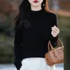 Elegante Suéter de Lã Tricotado Novo para Primavera/Outono 2025 para Mulheres com Acabamento em Renda e Bordas Franzidas, Base de Cor Sólida, Estilo Fino