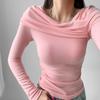 Camiseta de manga larga con hombros descubiertos y clavícula para mujer, otoño 2023, plisada, elástica, ajustada, con cuello oblicuo