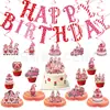 Banner de ambiente transfronterizo con temática dulce con elementos de camión pequeño retro rosa, banderín de cumpleaños, adorno para pastel y arreglos decorativos