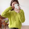 Suéter Casual de Mohair Verde Abacate com Tranças para Mulheres, Novo Lançamento Outono 2026, Blusa Solta de Tricô Macio