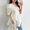 Top de Punto Patchwork Estilo Japonés con Volantes de Satén, Manga Corta Abullonada, Cuello Redondo, Camisa de Capas Adelgazante
