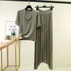 Conjunto de moda de camiseta de manga tres cuartos con cuello en V y patchwork de modal y falda larga con cordón, nuevo estilo de verano, conjunto de dos piezas holgado de talla grande