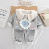 Conjunto de Lã com Desenho para Meninas Inverno 2025 Novo Conjunto de Moletom com Gola Grande de Urso com Forro de Lã para Bebê Menina