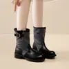 Botas Martin de Couro Genuíno Patchwork com Sola Grossa Femininas 2026 Novo Estilo Britânico Retrô Botas Empilhadas Meio da Panturrilha Botas de Cavaleiro Personalizado