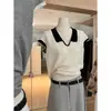 Top de Punto con Cuello en Contraste para Mujer Verano Manga Corta Delgado Holgado Estilo Francés Elegante Camisa Polo Combinación de Colores Sencilla Camiseta