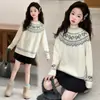 Suéter de Outono e Inverno para Meninas Transfronteiriço 2026 Novo Estilo Jacquard Fair Isle de Outono Tardio para Crianças Grandes Cor Sólida Gola Redonda Tricô