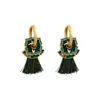 Nuevo pendiente de borla con forma de abanico de gota de aceite de esmalte verde retro chino, temperamento de lujo ligero, sensación de alta gama, pendientes multi-uso