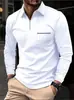 Camisa Polo Masculina de Cor Pura com Mangas Longas para Primavera e Outono, Calça Casual com Bolso de Aba Estampado 3D e Zíper, Top Masculino