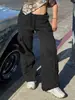 TL337 Petos Estilo Callejero Europeo y Americano Jeans Sueltos Moda para Mujer Bolsillo Pierna Ancha Cintura Alta Recto Retro Vaca