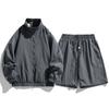 2025 Explosões Verão Cor Sólida Gola Conjunto Esportivo de Duas Peças Masculino Bonito Japonês Fino Manga Longa Shorts Calças Comprimento Médio
