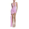 Vestido Halter com Decote em V Profundo e Design de Amarrar, Vestido Halter de Renda de Alta Qualidade em Tom Rosa e Roxo, Vestido Longo com Franzidos e Fenda, Caimento Justo e Sexy