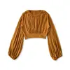 Atacado de Roupas Femininas Transfronteiriças Outono Novo Estilo Europeu e Americano Gola Redonda Plissado Cor Sólida Casual Manga Longa Top Curto