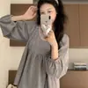 Conjunto de Pijama Simple Azul con Adorno de Encaje para Mujer Otoño/Invierno Nuevo Cómodo Versátil Casual Ropa de Casa