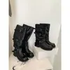 Botas Altas para Mujer 2025 Nuevas Botas Retro Arrugadas Holgadas con Hebilla de Cinturón, Botas de Pantalón de Tacón Grueso hasta la Mitad de la Pantorrilla, Botas de Montar de Tubo Alto