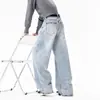 Calça jeans masculina estilo americano de rua com estampa de asa, perna curva, vibe de lavagem de outono, calça de cintura alta larga que emagrece