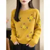 Suéter de punto cálido y rejuvenecedor de estilo coreano, dulce, con bordado floral, cuello redondo, manga larga, para mujer, temporada Primavera/Otoño/Invierno 2026