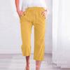 Amazon Transfronterizo Deseo Mujer Color Sólido Cordón Algodón Lino Casual Holgado Recto Bolsillo Ropa de Casa Pantalones Cropped